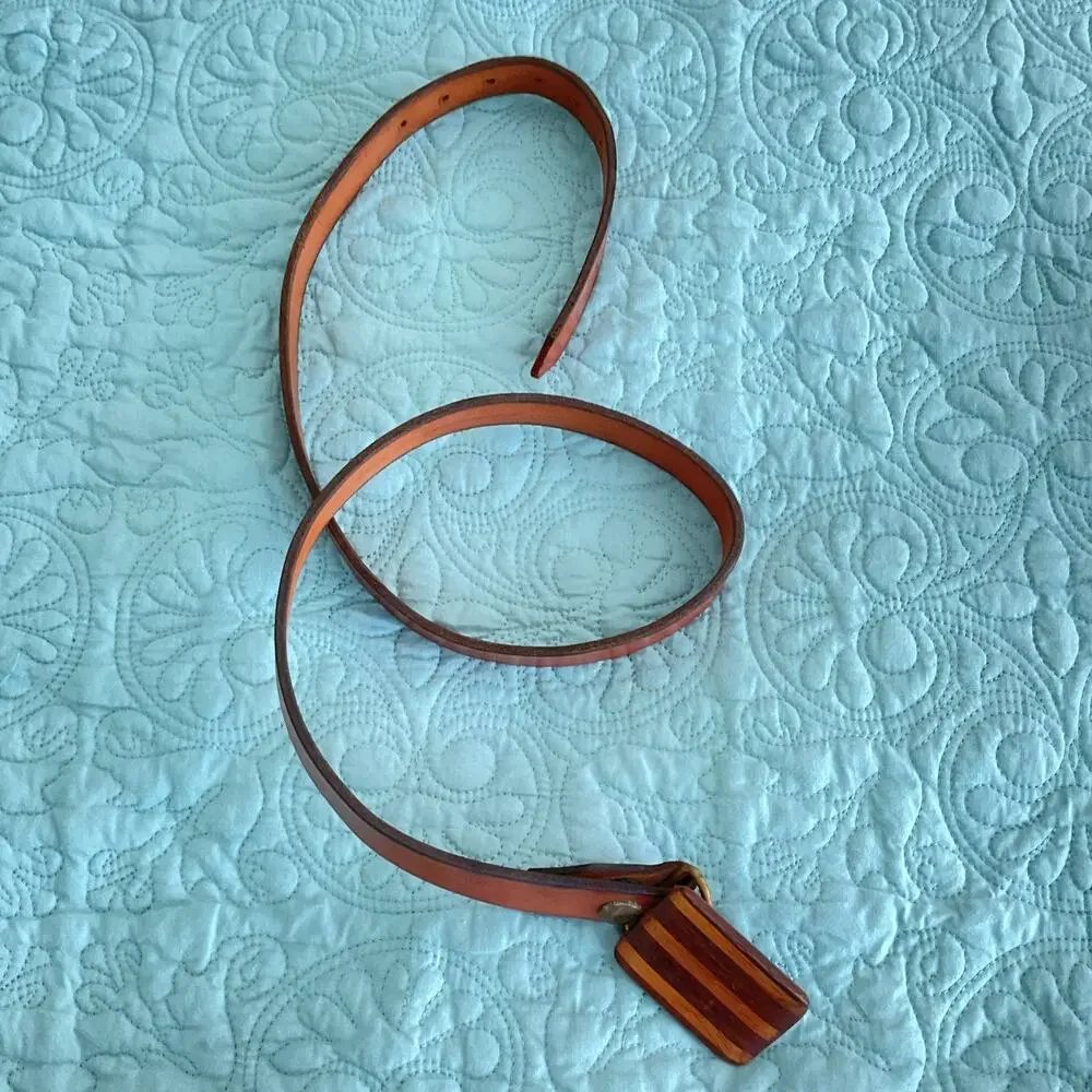 Vintage Mens Leather Belt with Wood Veneered Brass Buckle